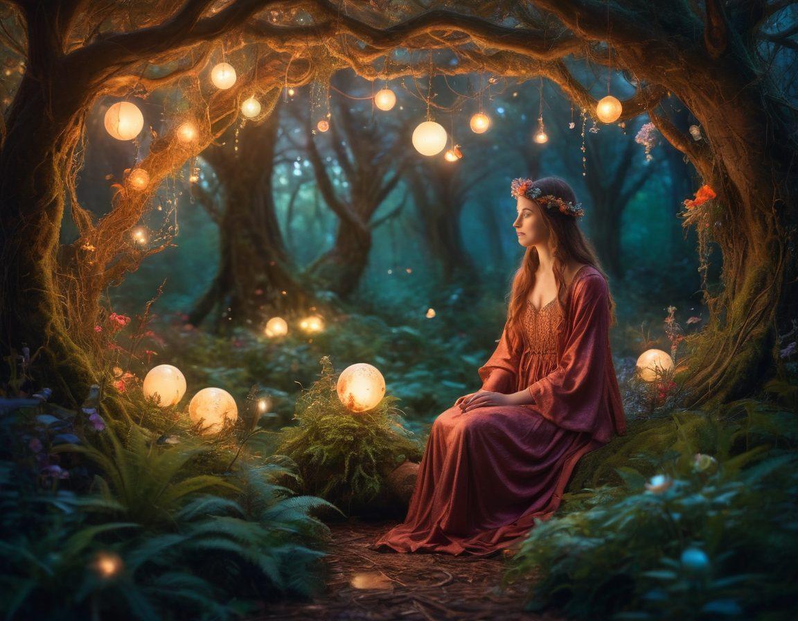 A mystical forest at twilight, featuring a wise, ethereal storyteller surrounded by enchanted creatures, weaving tales that come to life in shimmering strands of magic. Soft, warm lights illuminate intimate moments between fantastical beings, evoking passion and imagination. The background brims with enchanting flora and glowing orbs, creating a dreamy atmosphere. fantasy art. vibrant colors. soft focus.