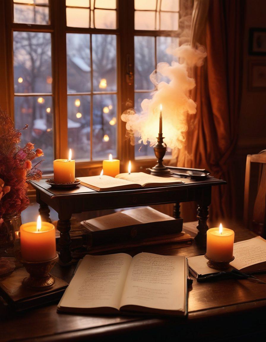 A captivating scene depicting a writer's desk adorned with lit candles, an open notebook filled with beautiful flowing script, and a quill pen beside it. In the background, ethereal wisps of colorful smoke and soft silhouettes of couples in passionate poses can be seen, representing the allure of desire and creativity. Warm golden light envelops the entire setting, enhancing the enchanting atmosphere. super-realistic. vibrant colors. soft focus.