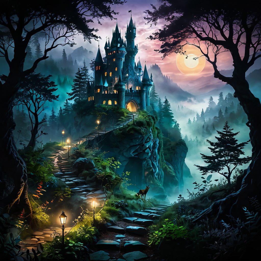 A mystical landscape depicting a fantasy world, with a winding path leading through a dark enchanted forest. Ethereal creatures emerge from the shadows, embodying mature themes of temptation and choice, while a distant castle looms atop a hill shrouded in mist. The interplay of light and dark symbolizes the boundaries between innocence and experience, inviting viewers to explore the narrative depth. rich colors, magical realism, painterly texture.